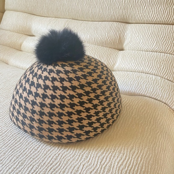 Made in Japan- Le Chapeau 100% wool houndstooth Baret hat with rabbit fur top - Picture 5 of 10